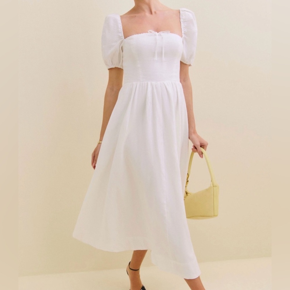 Reformation Marella White Linen Square Neck Midi Dress Bridal Cottagecore Resort